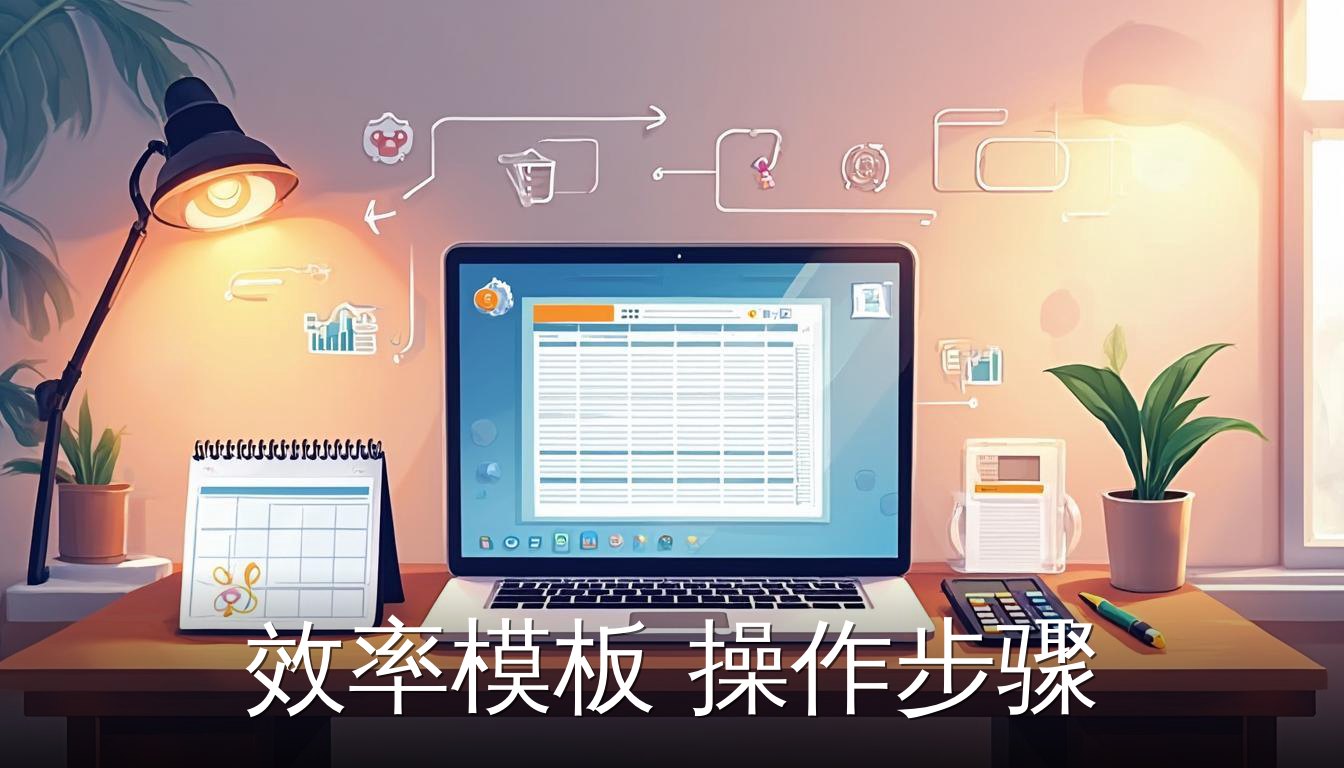 效率模板操作步骤：办公桌上笔记本电脑显示Excel表格，旁边有日历和计算器