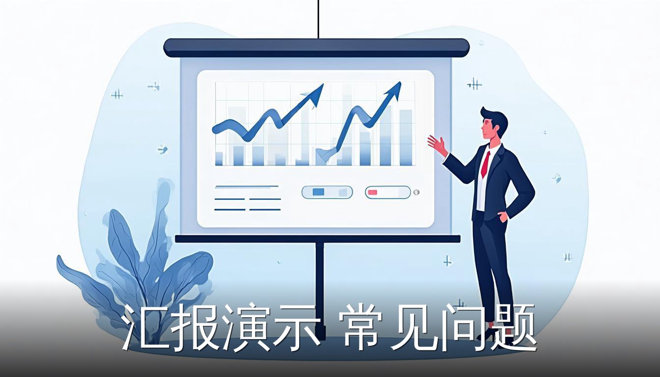 职场人士进行汇报演示的场景，幕布上显示幻灯片页面