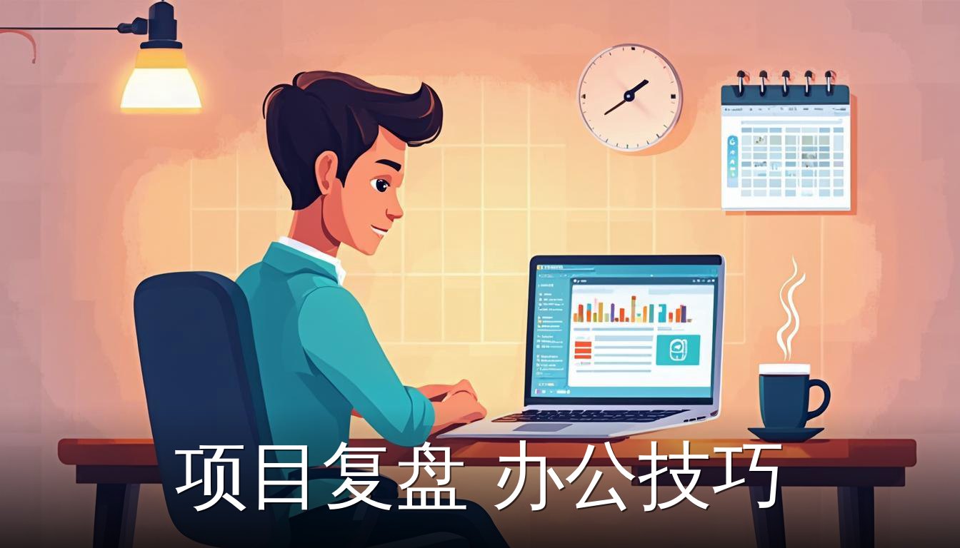 项目复盘办公技巧：职场人士在办公桌前使用Excel和PowerPoint进行项目复盘