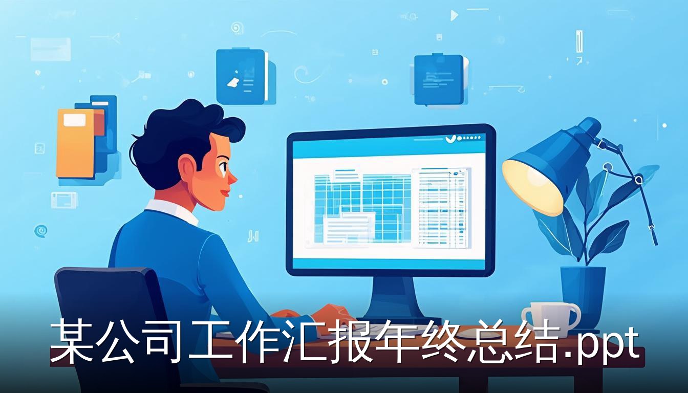 某公司工作汇报年终总结PPT制作场景，职场人士在电脑前编辑幻灯片母版