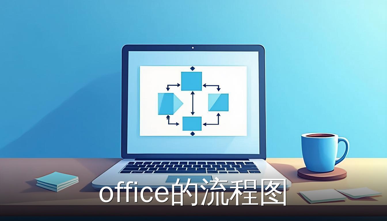 办公桌上笔记本电脑屏幕显示office流程图示例，包含椭圆、矩形、菱形和箭头