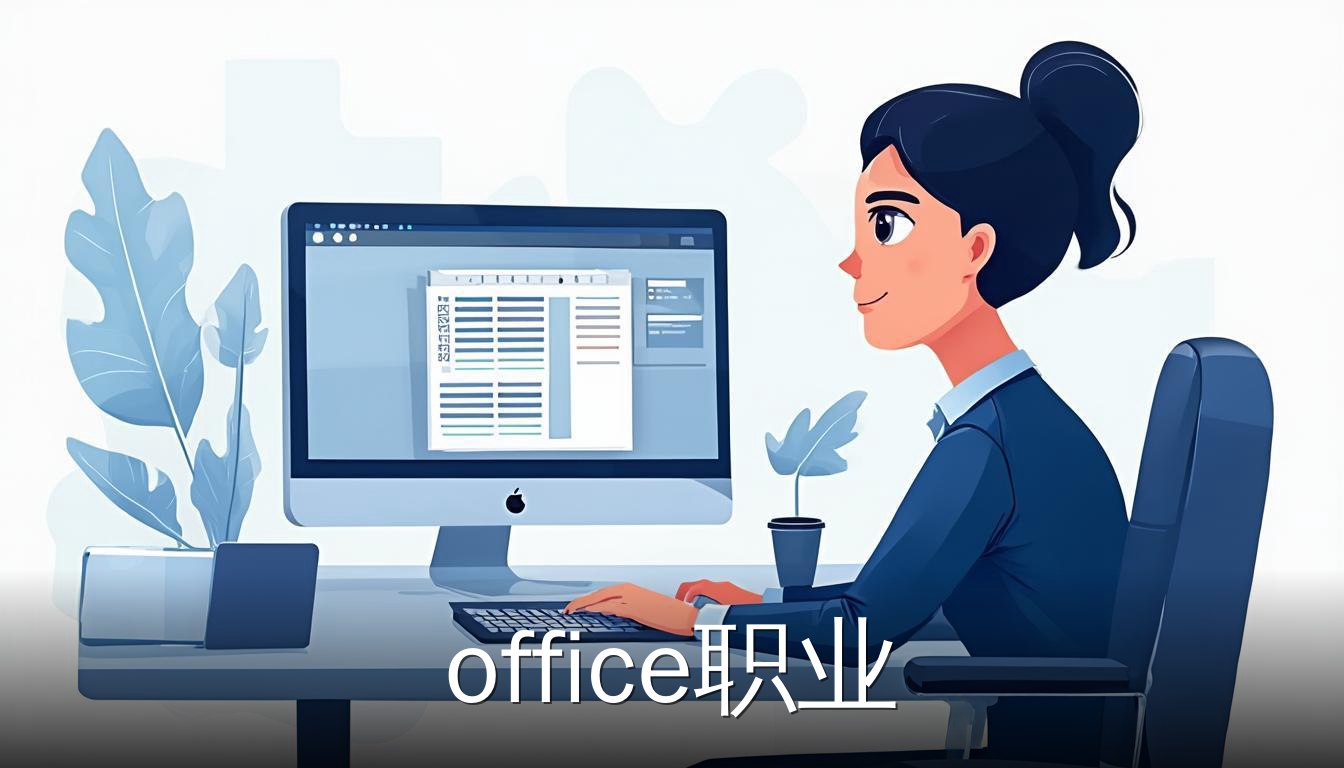 办公桌上电脑显示Excel和Word界面，周围有数据图表和文件夹，象征Office职业能力