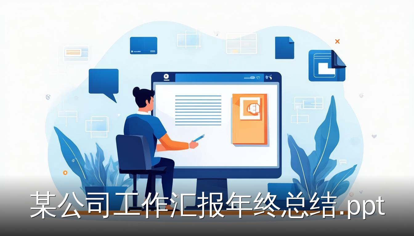某公司工作汇报年终总结PPT制作场景，职场人士在电脑前编辑演示文稿